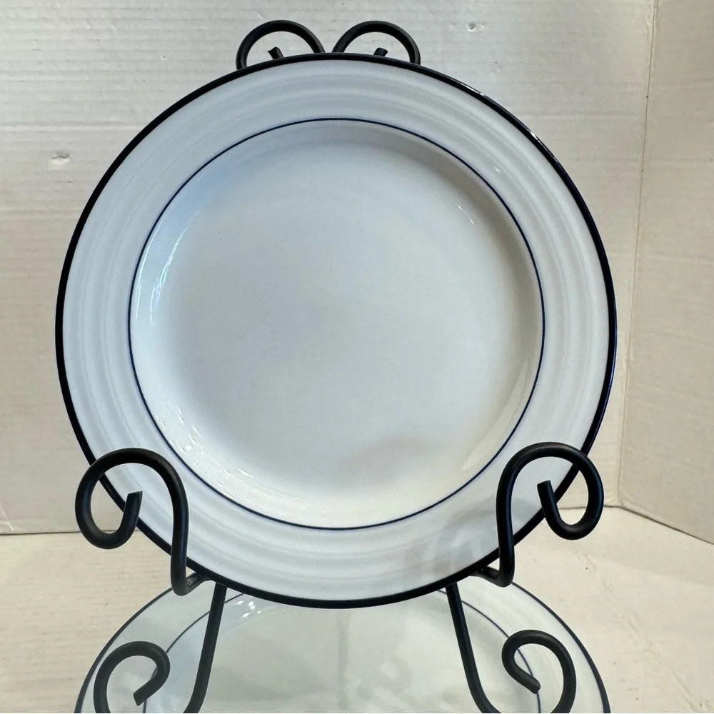 Lot of 4 Crate & Barrel Spal Porcelain Roulette Blue Trim 8 1/4” Salad Plate